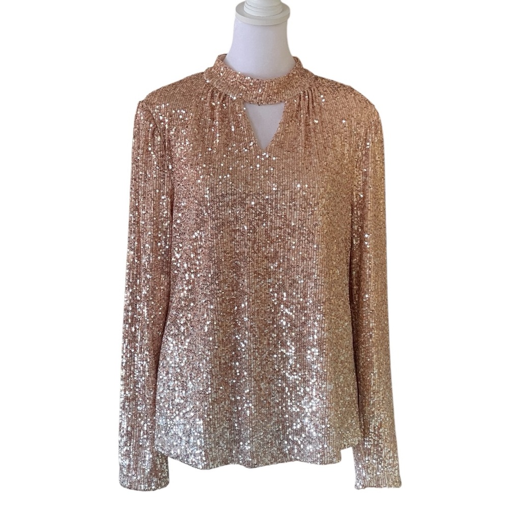 The Limited Gold Platinum Ombré Sequin Top Sz M Keyhole Neckline Long Sleeve NWT
